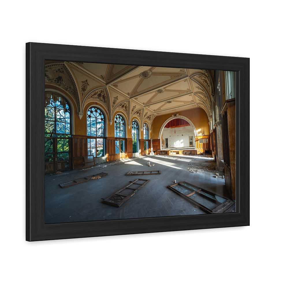 Thumbnail: Abandoned ornate hall with vaulted ceiling, large windows, and floor debris.