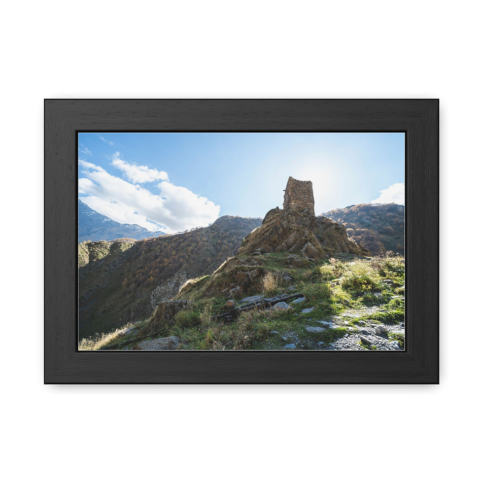 Thumbnail: Framed artwork of an ancient stone tower ruin on a sunny mountain.
