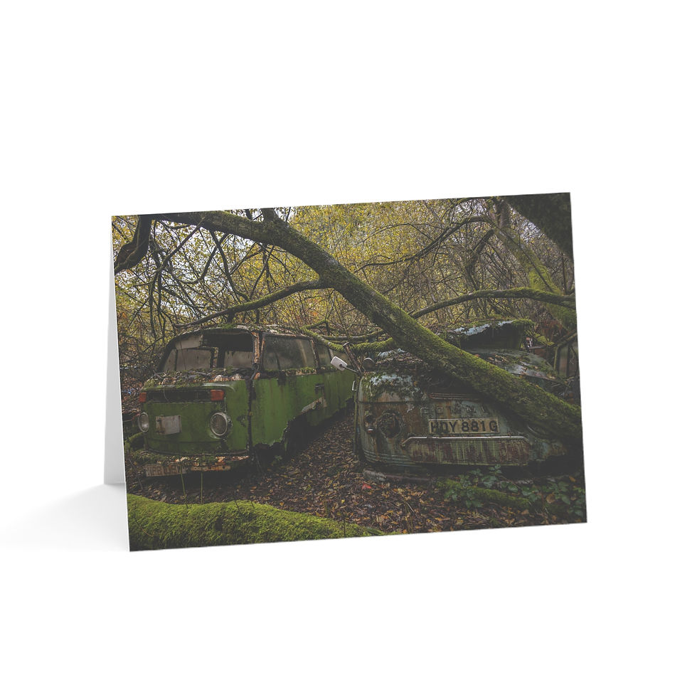 Thumbnail: Abandoned Cars in the Woodland - Greeting Card - Pack of 1, 10, 30 or 50