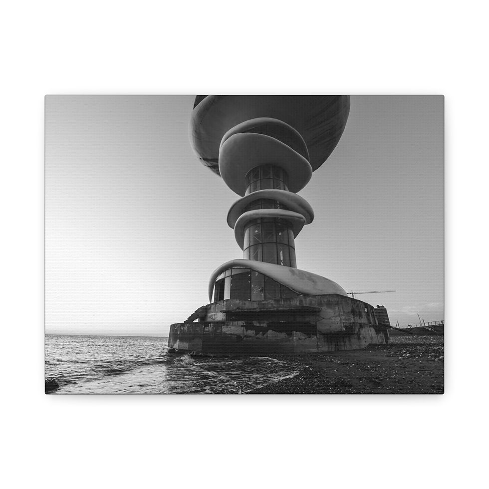 Thumbnail: Monochrome view of abandoned spiral building on Anaklia, Georgia coastline.