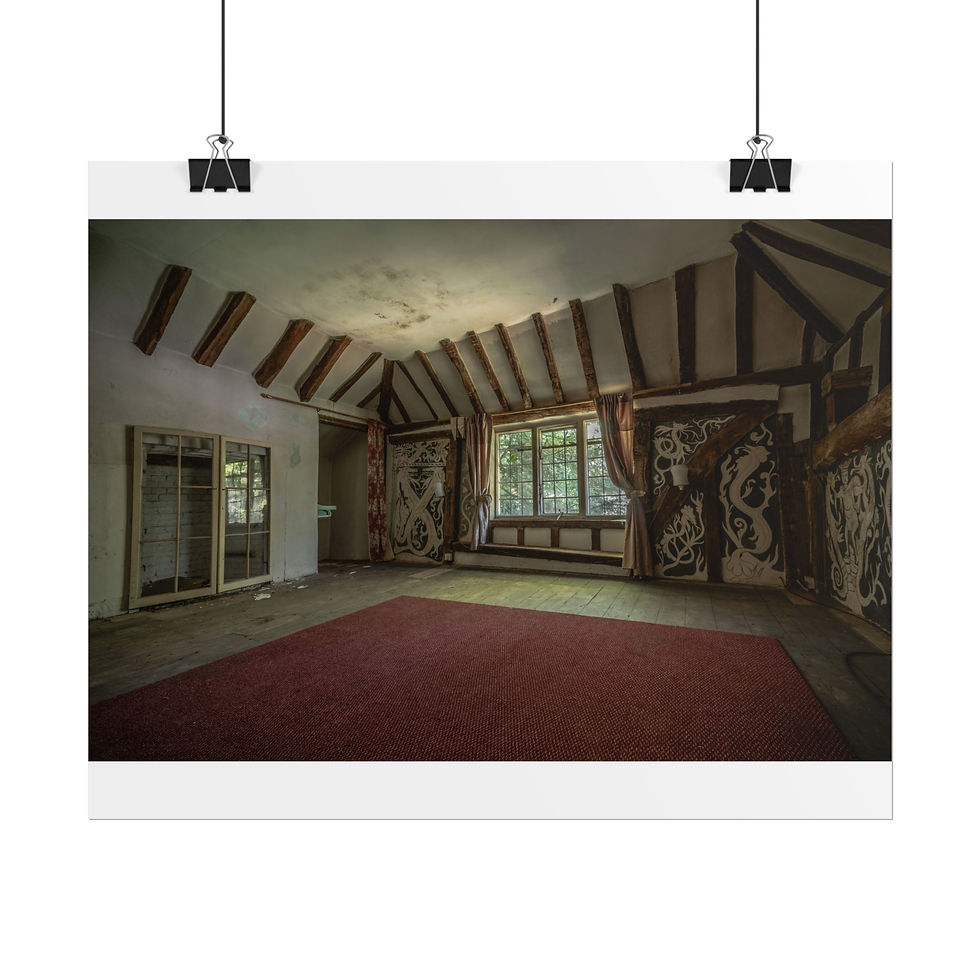 Thumbnail: Abandoned room with intricate carvings, exposed beams, and red carpet.