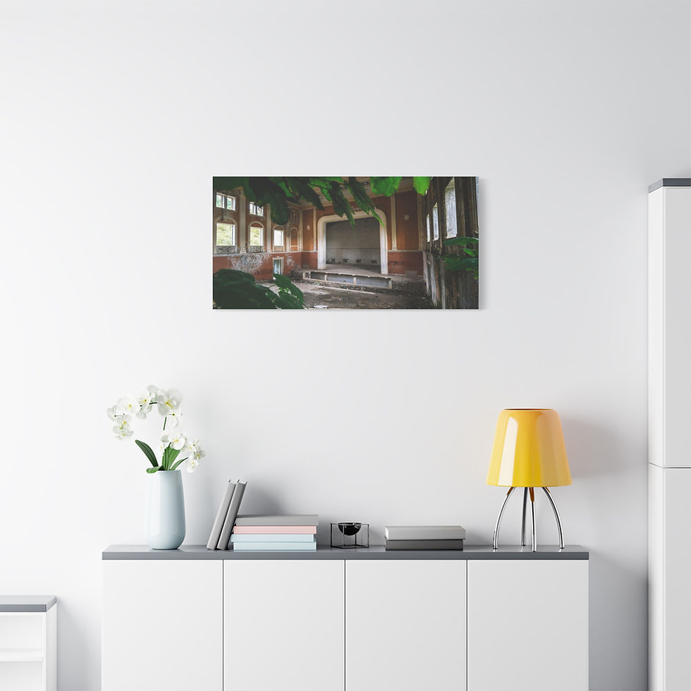 Thumbnail: Canvas print of abandoned hall interior, nature reclaiming space, sunlit windows.