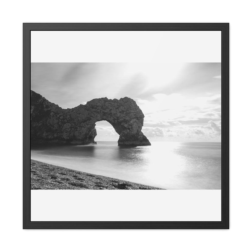 Thumbnail: Framed black and white photo of Durdle Door rock arch over ocean.