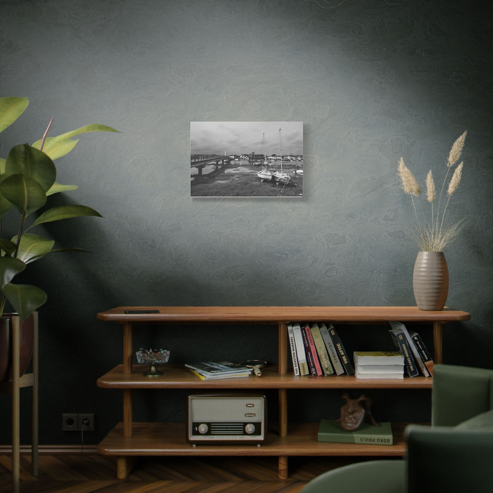 Thumbnail: Black and white landscape artwork above a wooden console in a moody room.
