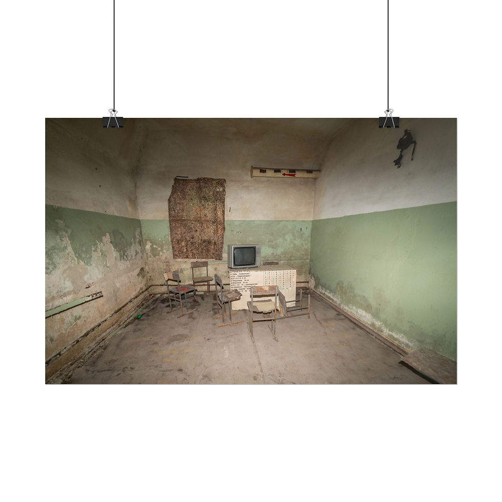 Thumbnail: Derelict room with peeling green paint, old TV, and broken furniture.