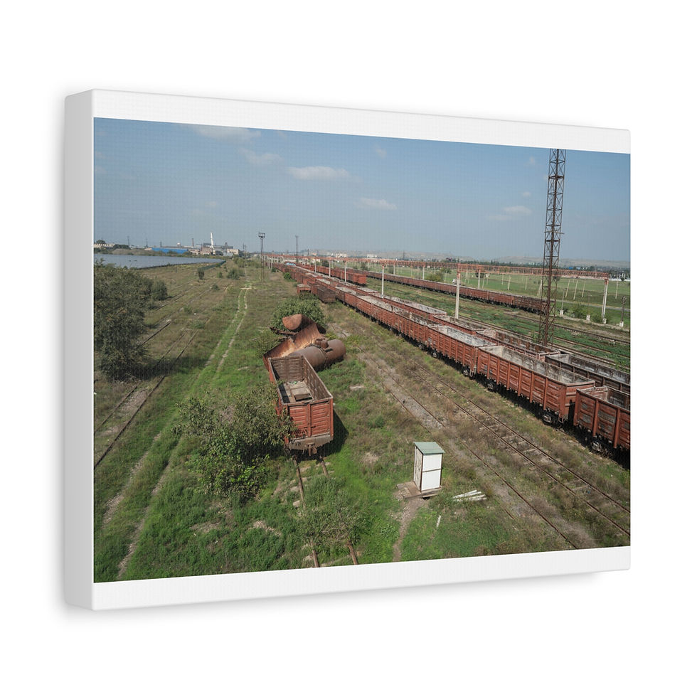 Thumbnail: Long freight trains on multiple tracks in an overgrown railway yard.