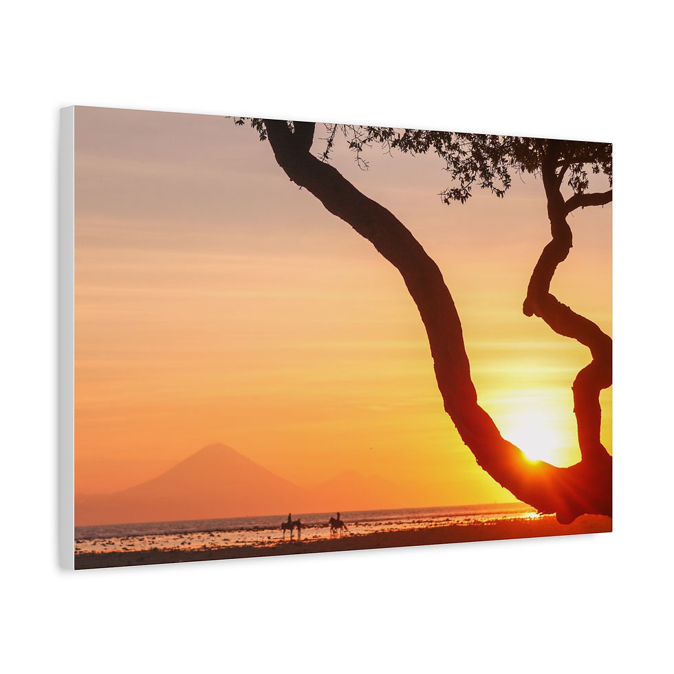Thumbnail: Sunset over ocean with silhouetted tree, distant mountain, and riders.