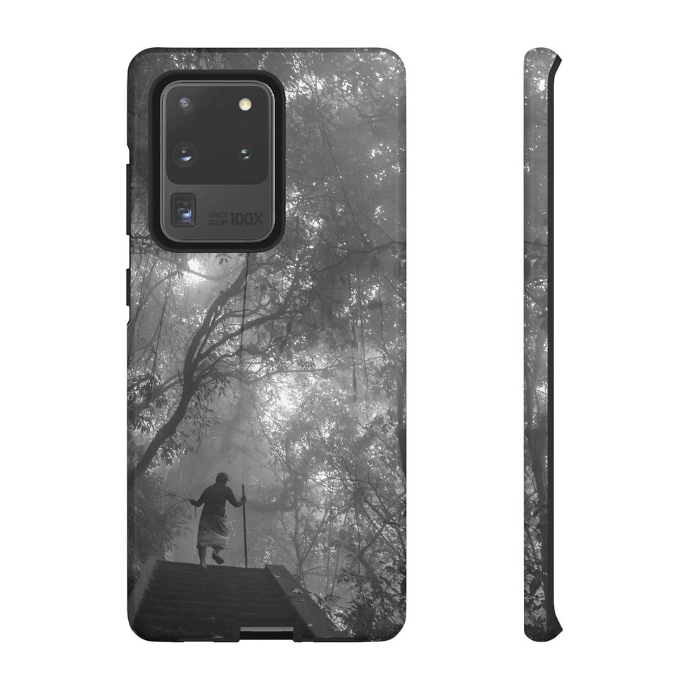 Thumbnail: Black and white smartphone case, figure with staff in misty forest.