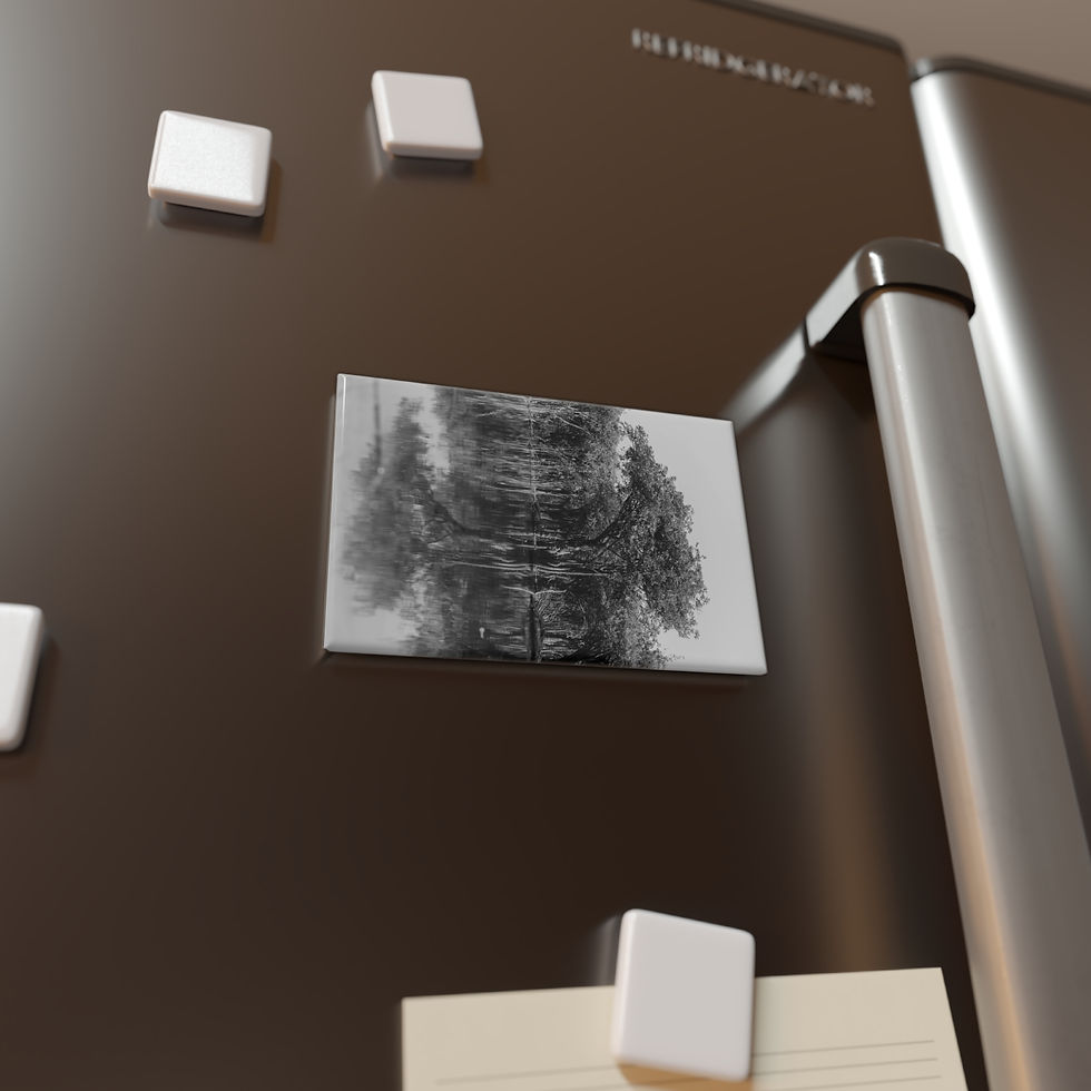 Thumbnail: Dark abstract pattern magnet on a modern black refrigerator door.