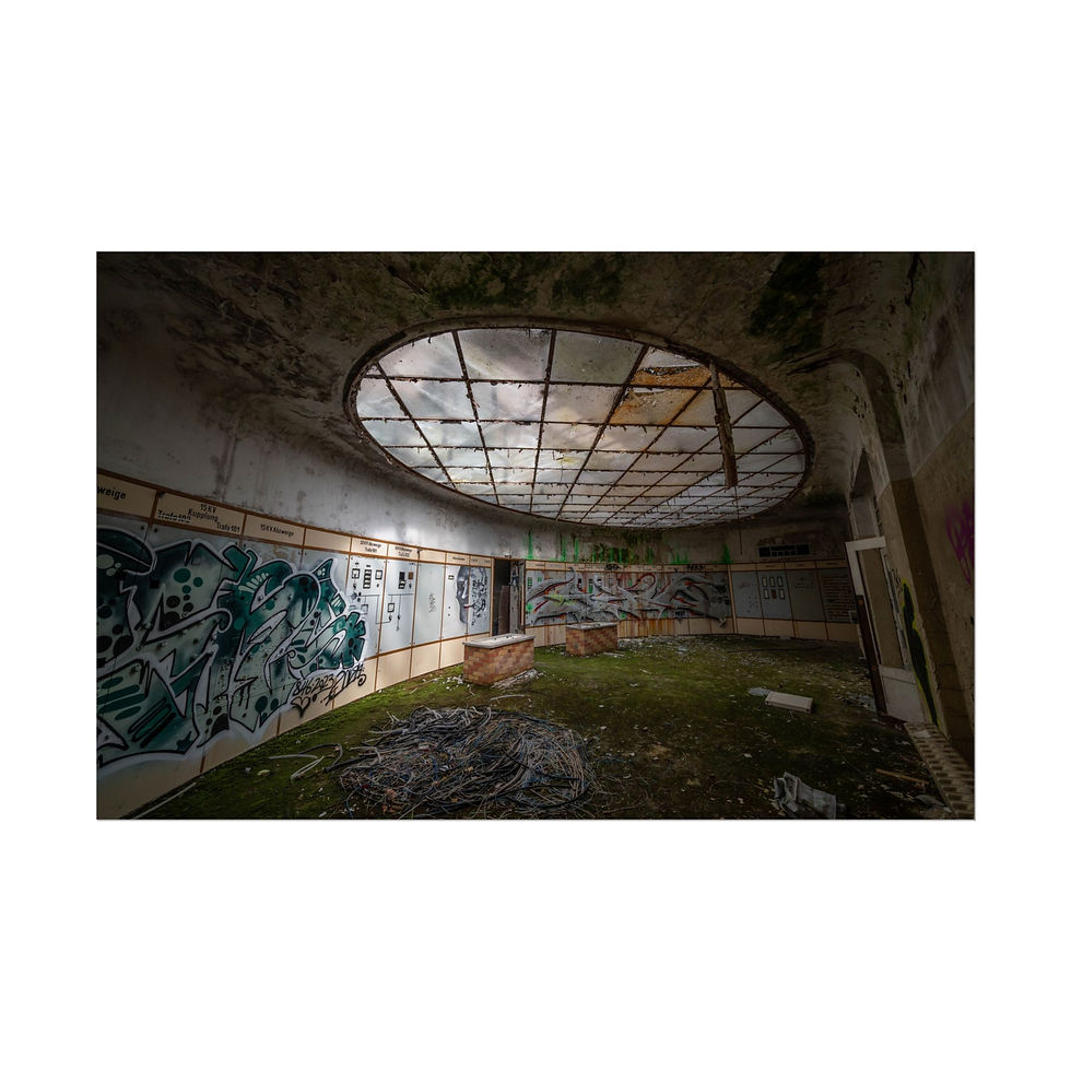 Thumbnail: Abandoned industrial room, graffiti on walls, debris, and circular skylight.