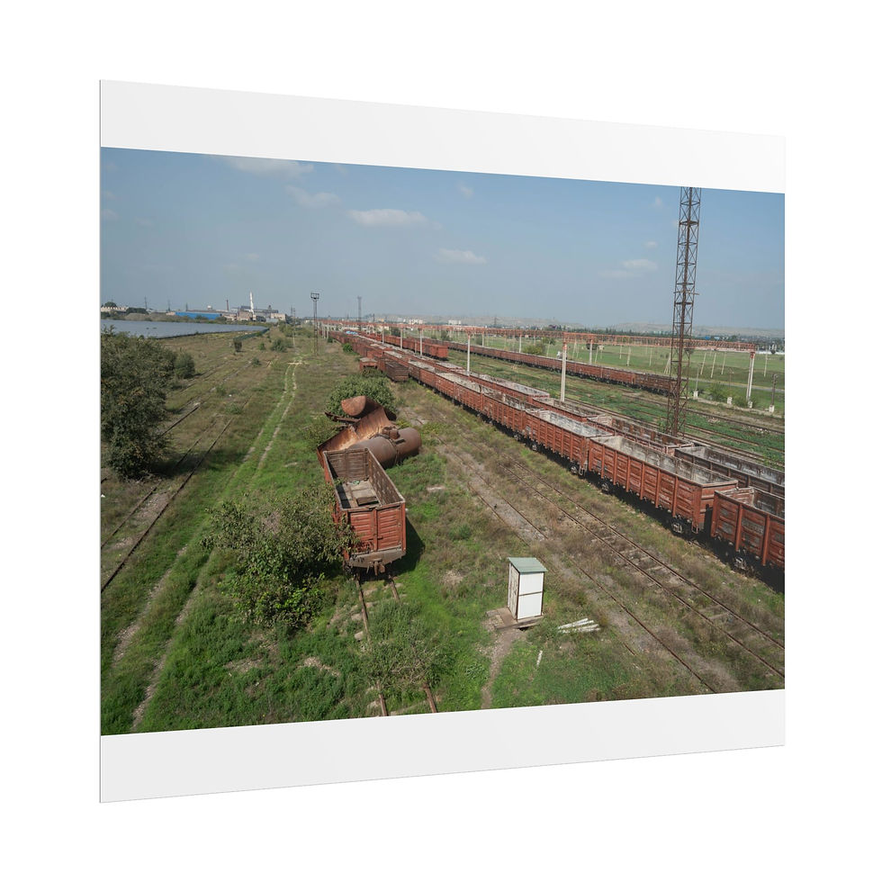 Thumbnail: Long brown cargo trains on multiple tracks in overgrown industrial railyard.