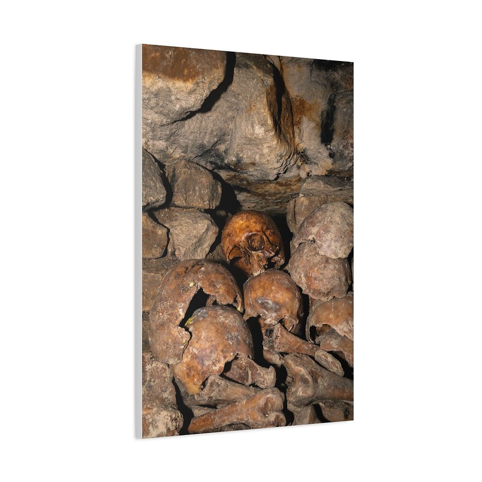 Thumbnail: Arranged human skulls and bones forming a wall in dark catacombs.