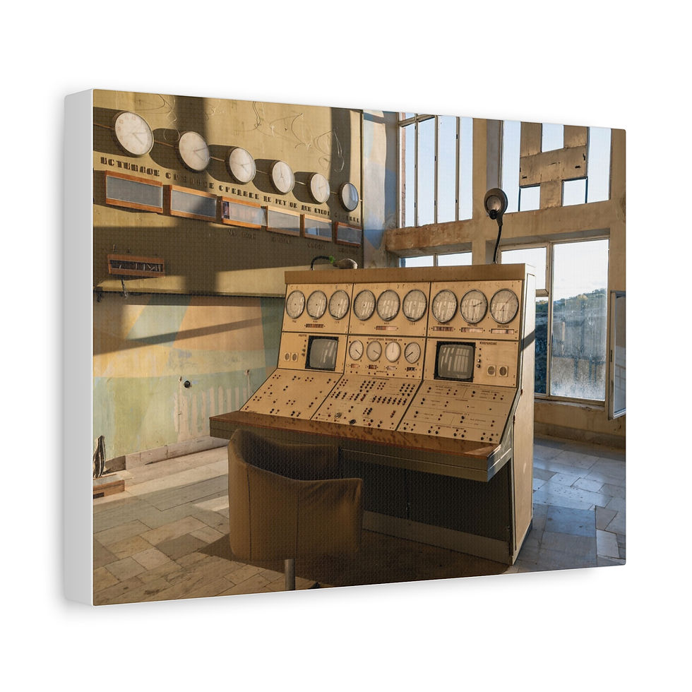 Thumbnail: Abandoned industrial control panel with many gauges in a vintage power room.