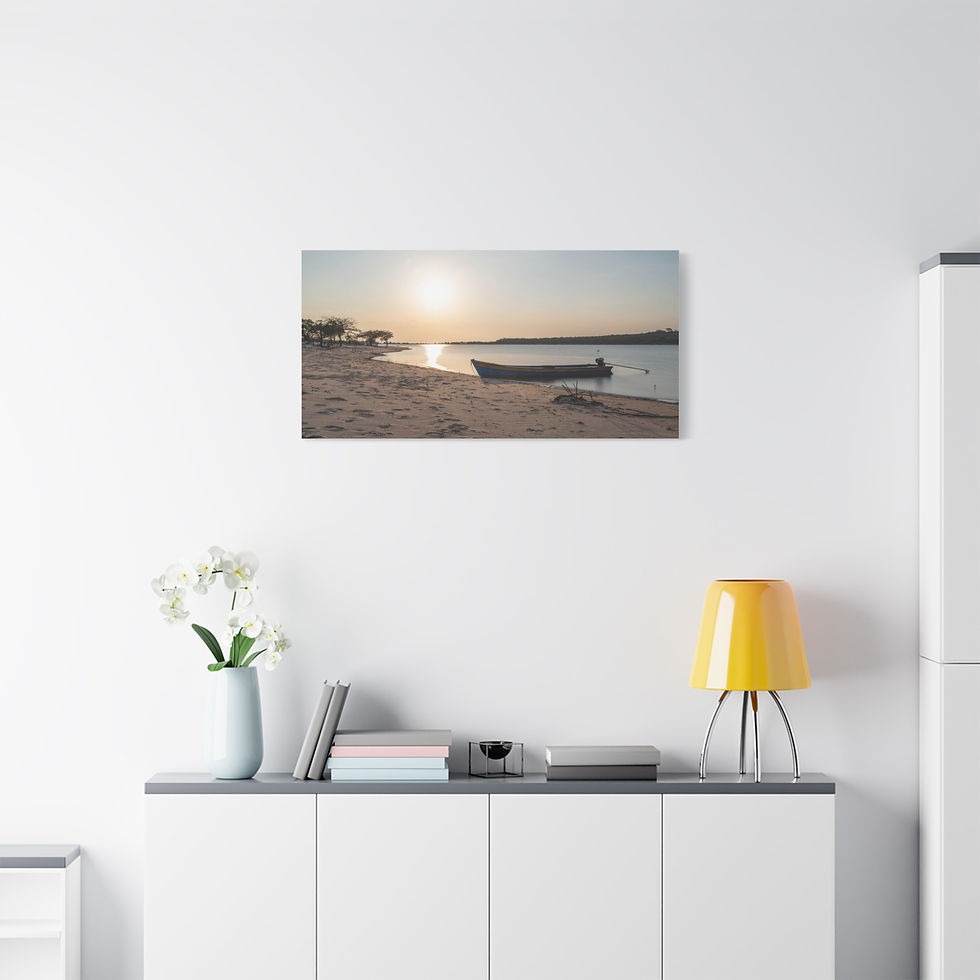 Thumbnail: Framed canvas art: serene sunset over river, small boat on beach.