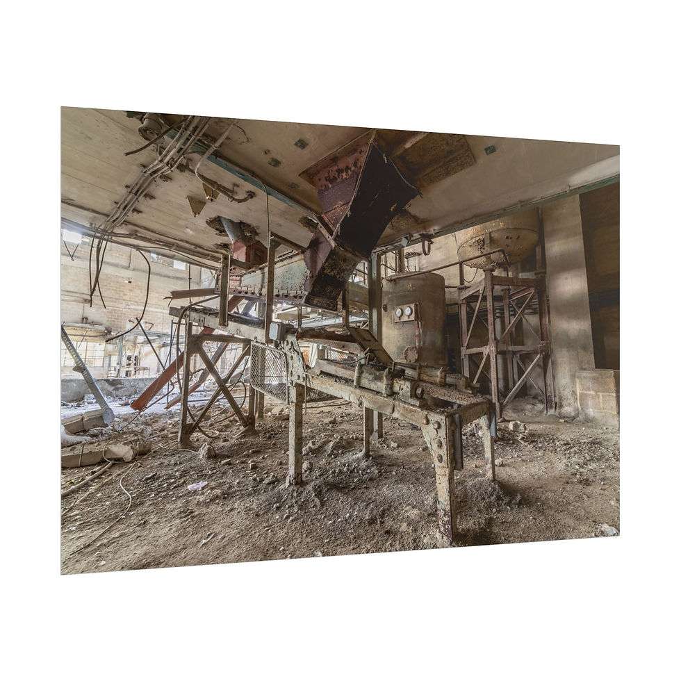 Thumbnail: Rusted industrial machinery in a decaying, abandoned factory building interior.