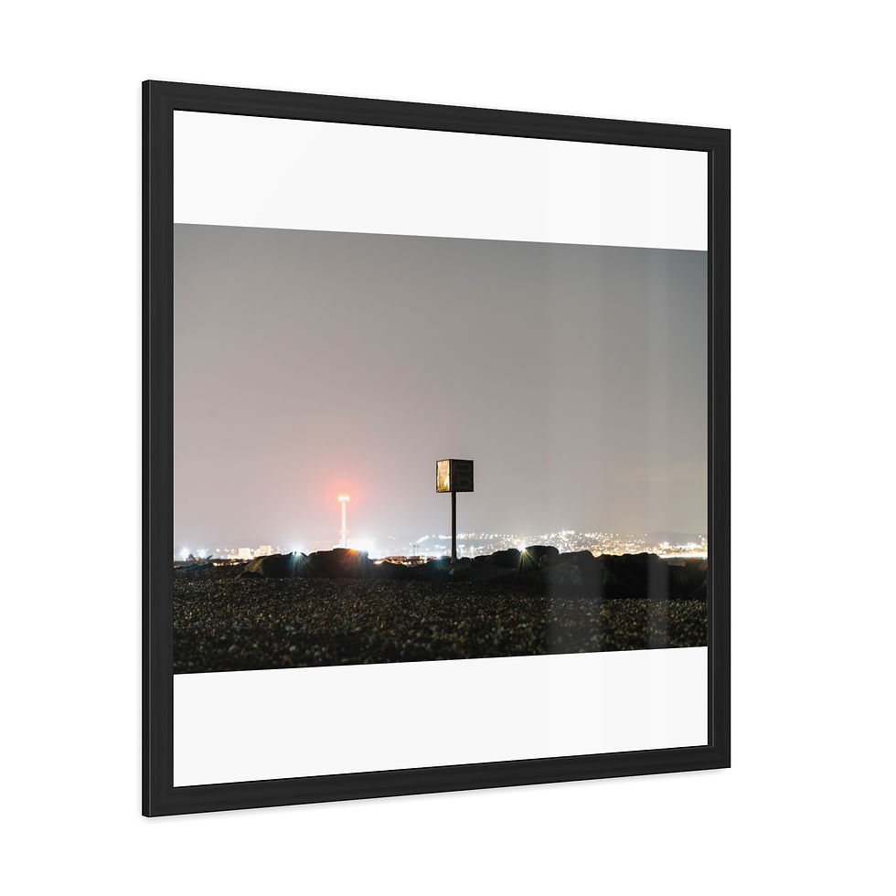 Thumbnail: Framed night landscape with distant city lights, red tower, and dark sign.