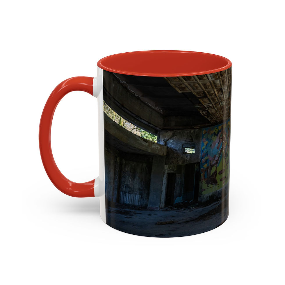 Thumbnail: White ceramic mug, red inside, showing dark graffiti-covered abandoned concrete structure.