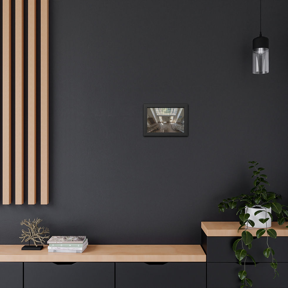 Thumbnail: Minimalist home decor with dark gray wall, wooden slats, framed art.