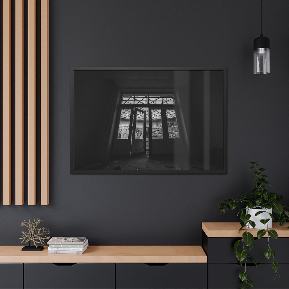 Thumbnail: Black and white photo of an abandoned room, light through ornate door.