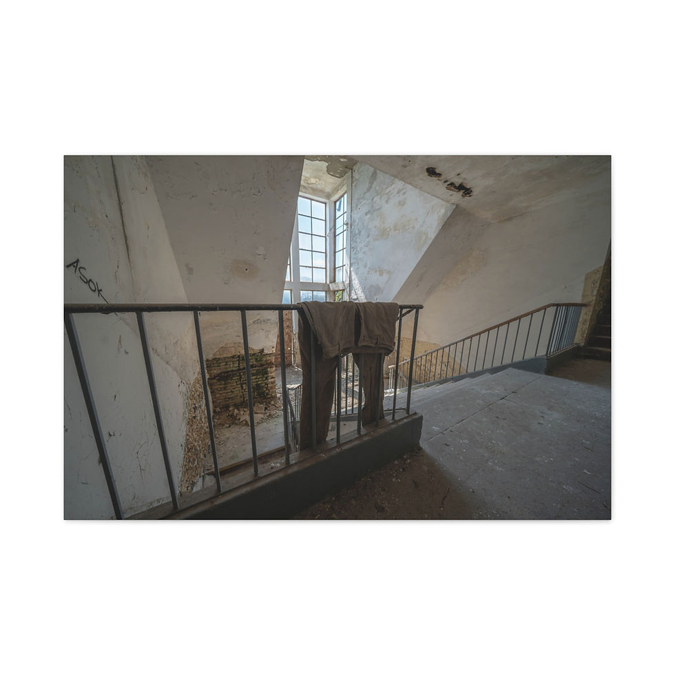 Thumbnail: Abandoned decaying staircase, clothes hanging on railing, sunlight through window.