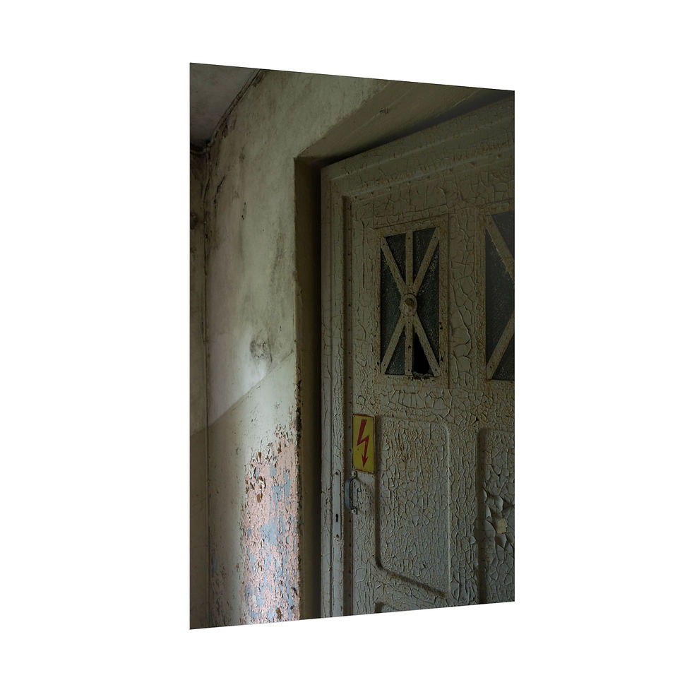Thumbnail: Weathered white wooden door with peeling paint and textured glass panels.