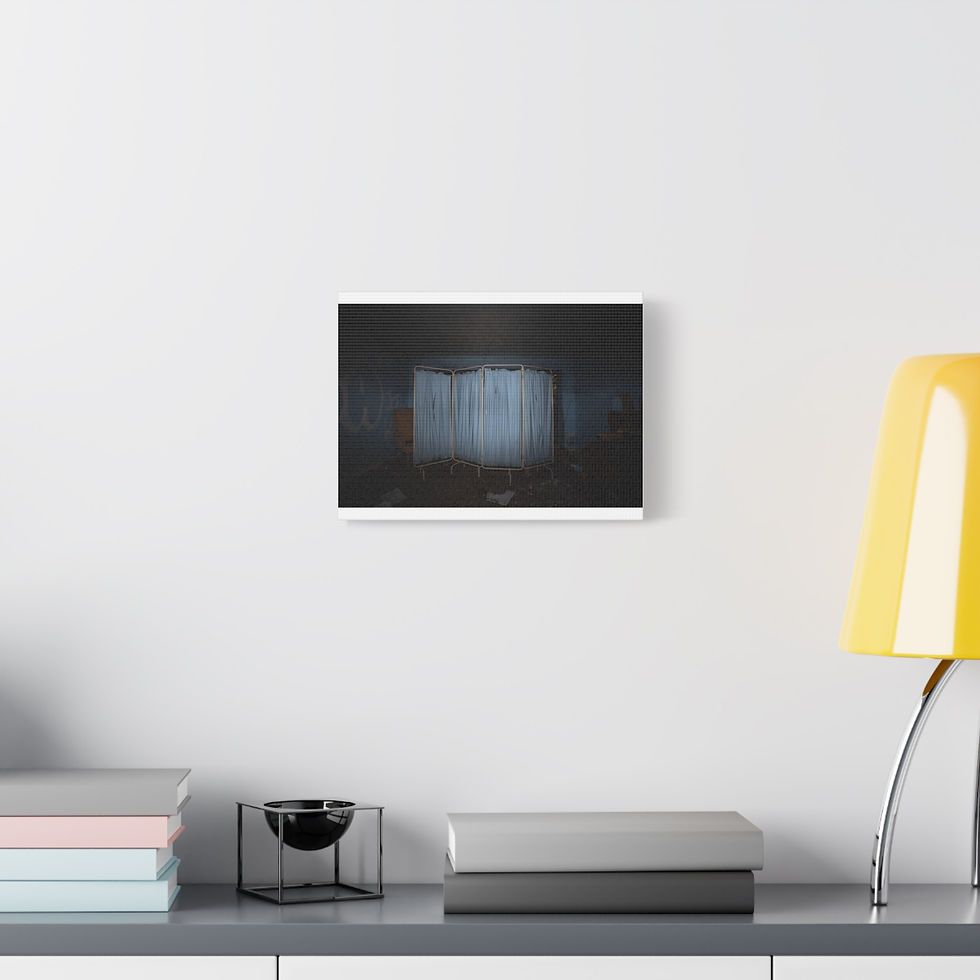 Thumbnail: Dark abstract canvas print with blue vertical lines on white wall.