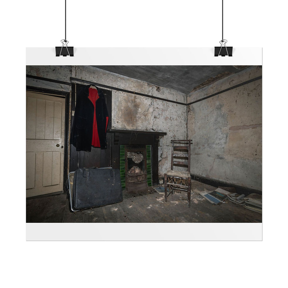Thumbnail: Grungy abandoned room with fireplace, worn chair, hanging coat, and old suitcase.