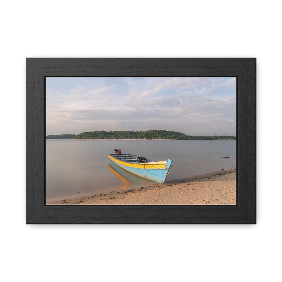 Thumbnail: Yellow and blue boat on sandy beach with calm water, framed poster.