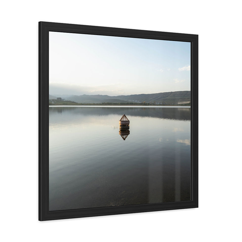 Thumbnail: Framed art: small boat on calm lake with mountain reflections.