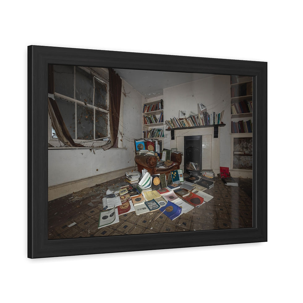 Thumbnail: Abandoned room with scattered papers, armchair, fireplace, bookshelves, and large window.