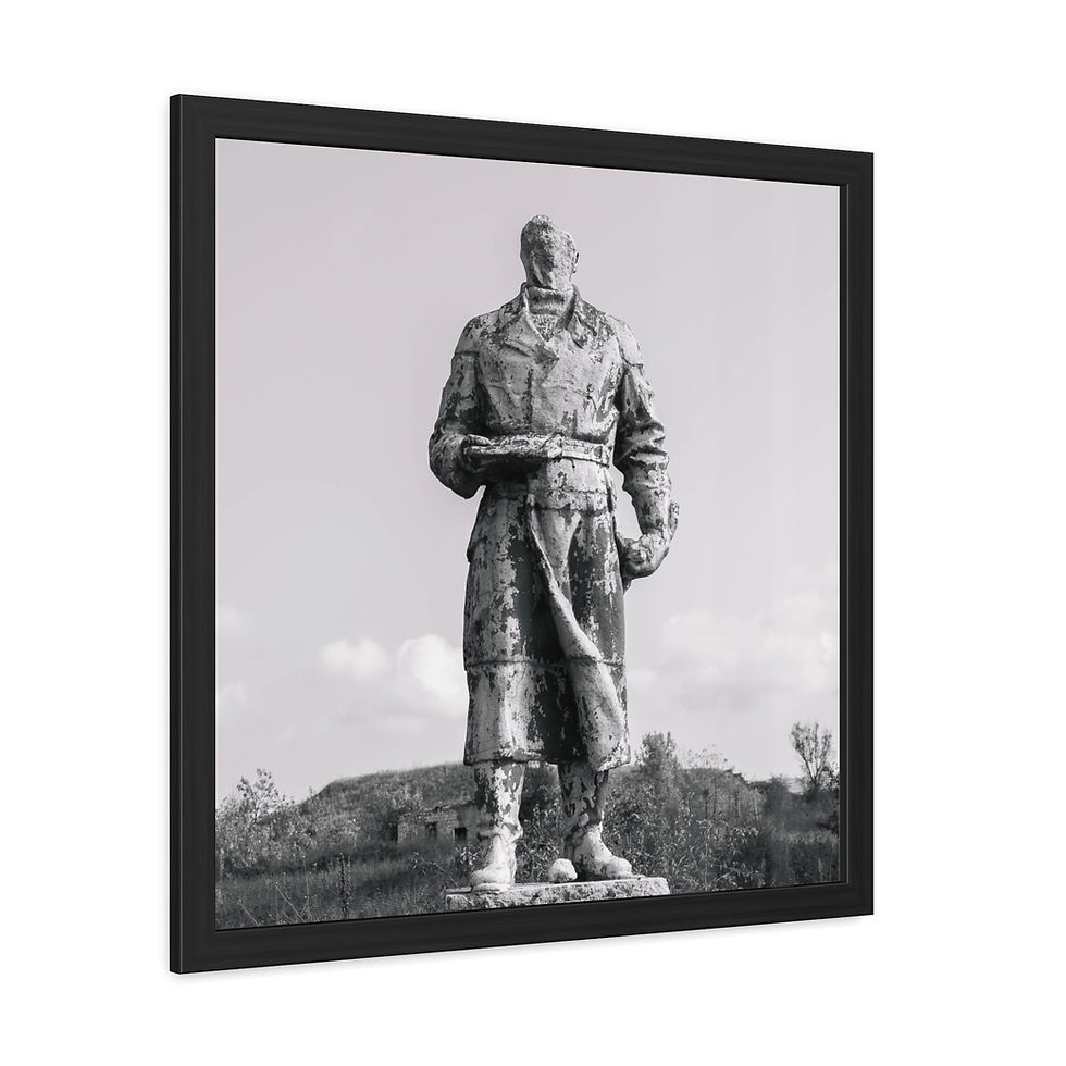 Thumbnail: Monochromatic framed art print of weathered peace monument, forgotten statue, cloudy sky.