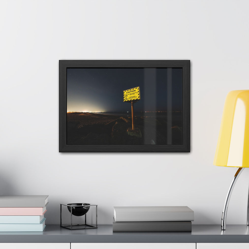 Thumbnail: Framed print of 'WARNING!' sign on dark desert highway at twilight.
