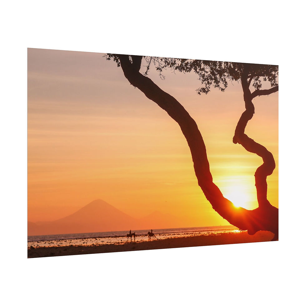 Thumbnail: Stunning sunset with silhouetted tree, distant mountain, and figures on beach.