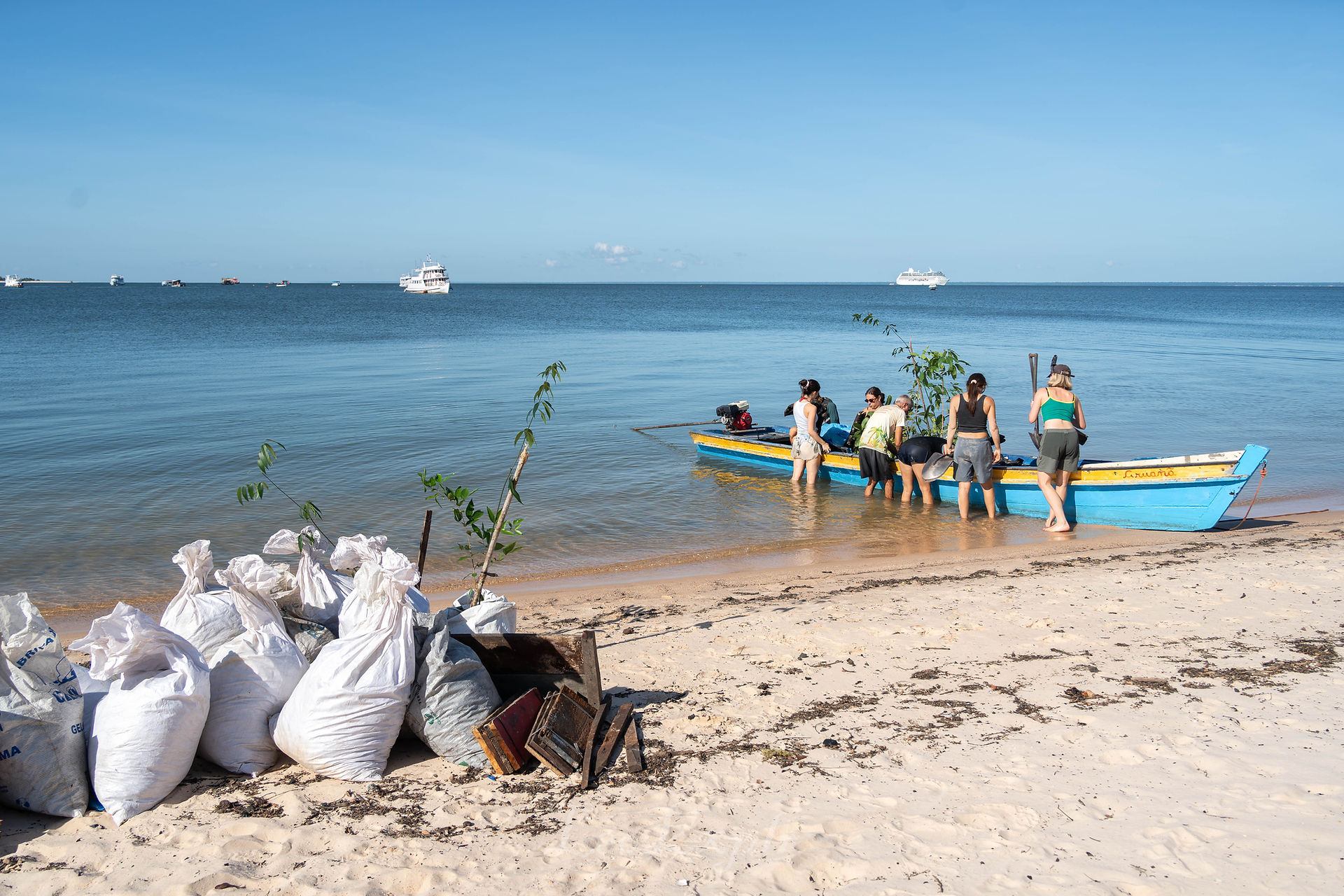 People load plants onto a blue boat on a sandy beach, with sandbags and debris in the foreground. Boats are visible on a calm sea under a clear sky.