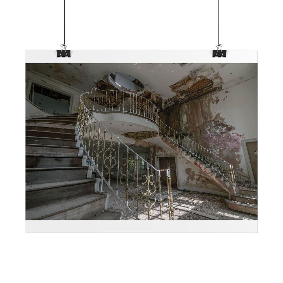 Thumbnail: Abandoned grand mansion with decaying spiral staircase, peeling paint and debris.