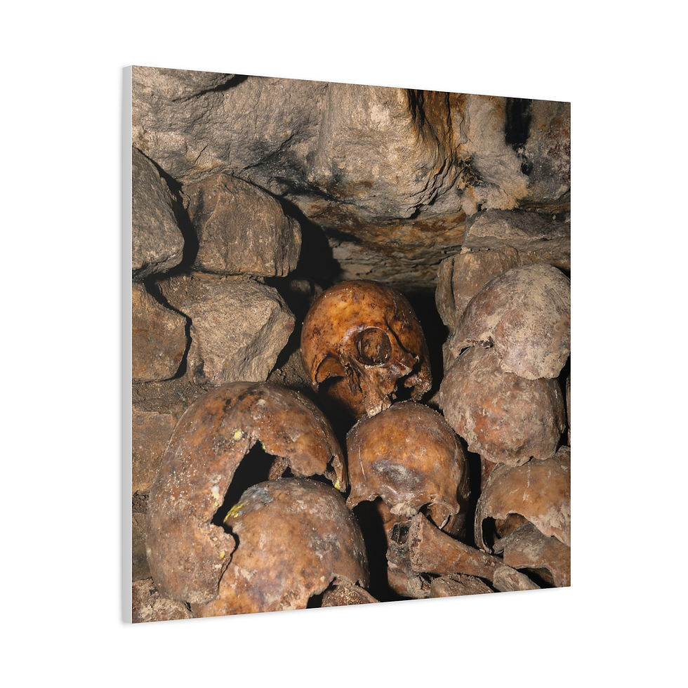Thumbnail: Stacked human skulls and bones in a dark, stone-walled catacomb.