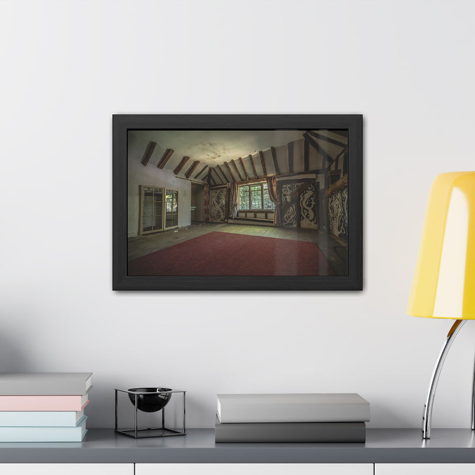 Thumbnail: A framed picture showing an abandoned room with red carpet and wooden beams.