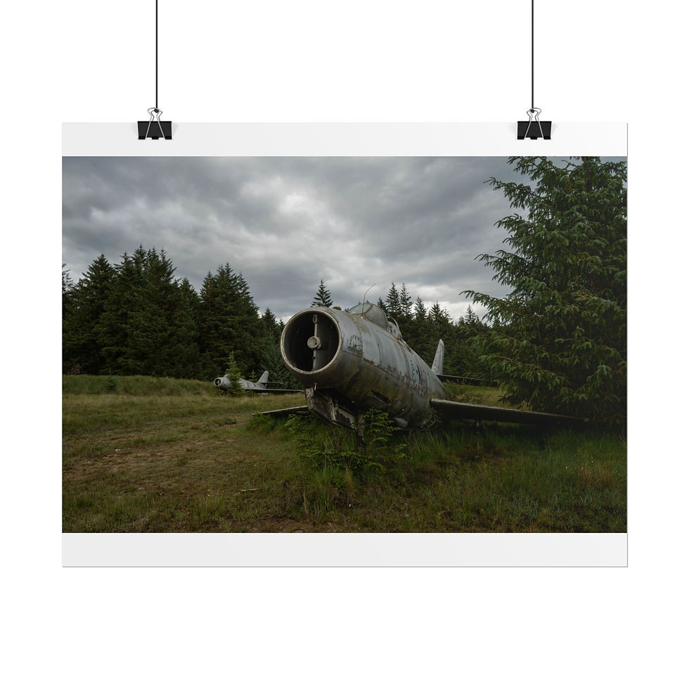 Thumbnail: Wrecked jet aircraft in overgrown field under a dark, cloudy sky.