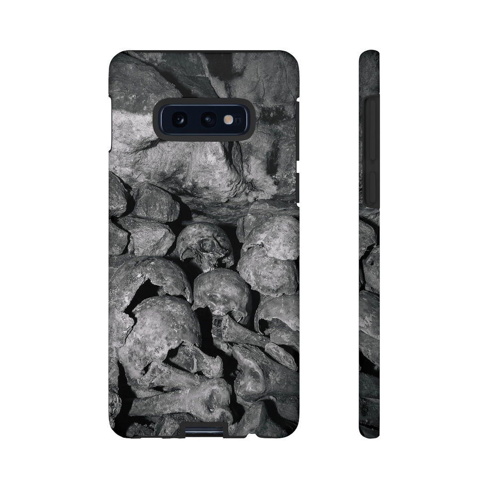 Thumbnail: Black and white phone case featuring dark, textured stacked skull pattern.