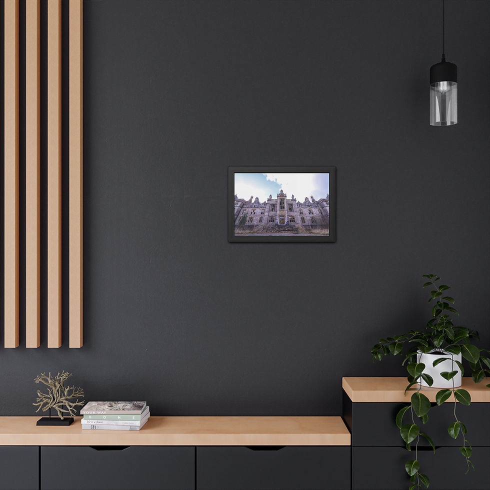 Thumbnail: Framed print of an imposing, abandoned industrial building on a dark wall.