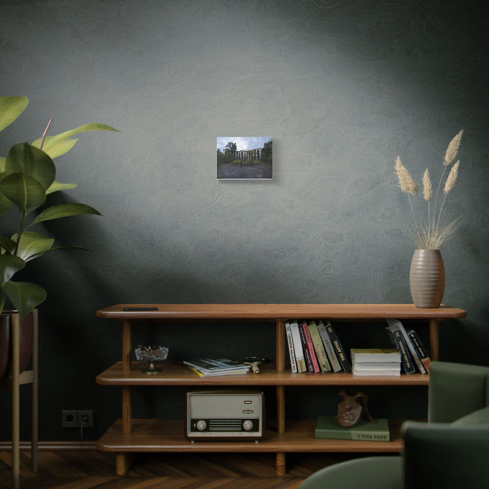 Thumbnail: Small canvas print on dark wall above styled wooden console table.