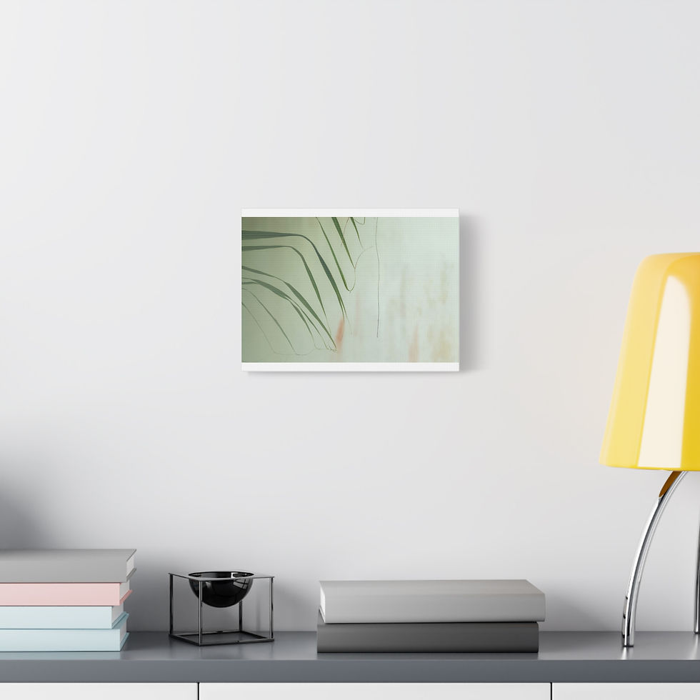 Thumbnail: Abstract green botanical print hanging on white wall above modern desk.