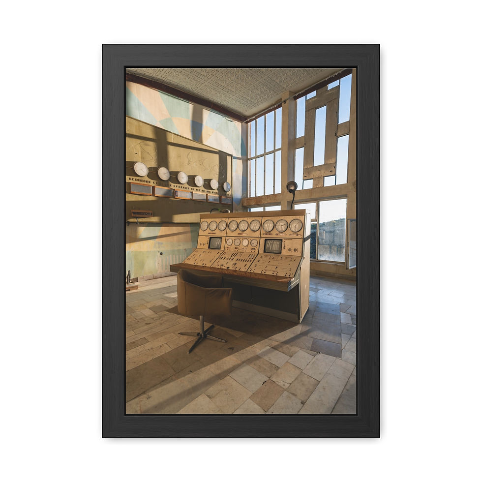 Thumbnail: Abandoned control room console with gauges inside a derelict building.