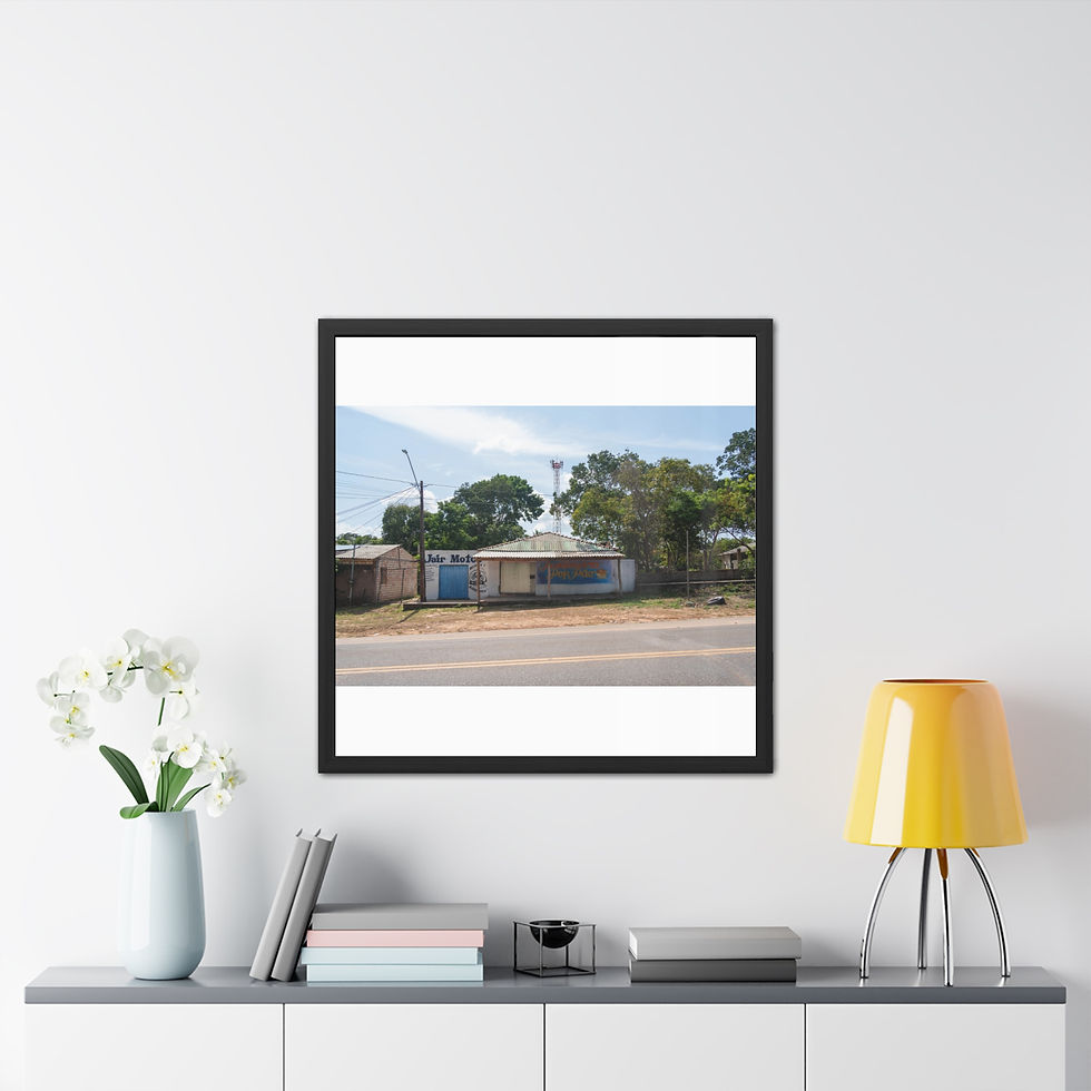 Thumbnail: Old abandoned building by road under blue sky, surrounded by trees.