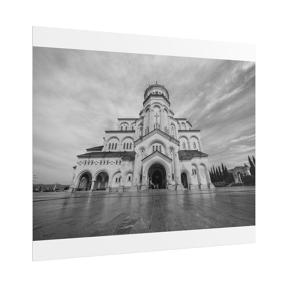 Thumbnail: Black and white Holy Trinity Cathedral, ornate architecture, dramatic cloudy sky.