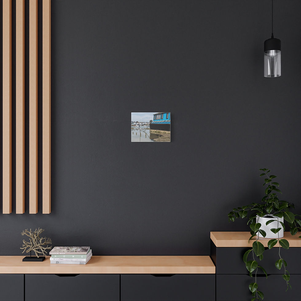 Thumbnail: Small framed art of a bright coastal or river scene on dark wall.