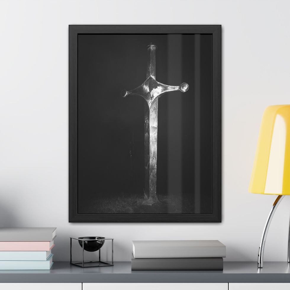 Thumbnail: Framed black and white print featuring an ancient, glowing sword.