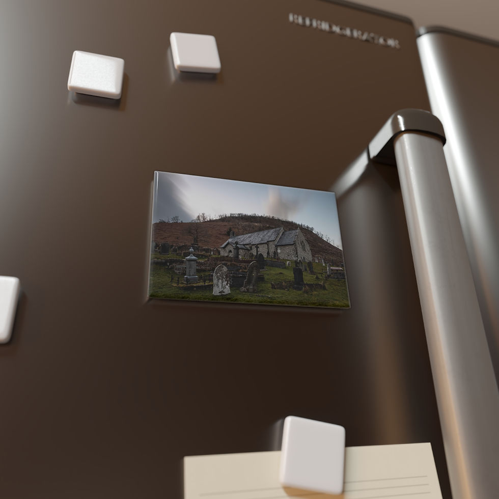 Thumbnail: Photo magnet showing a large building in a hilly, overcast landscape.