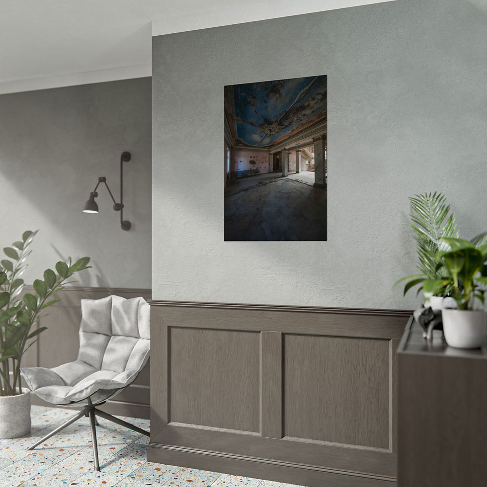 Thumbnail: Framed artwork of abandoned ornate room on grey wall, modern interior.