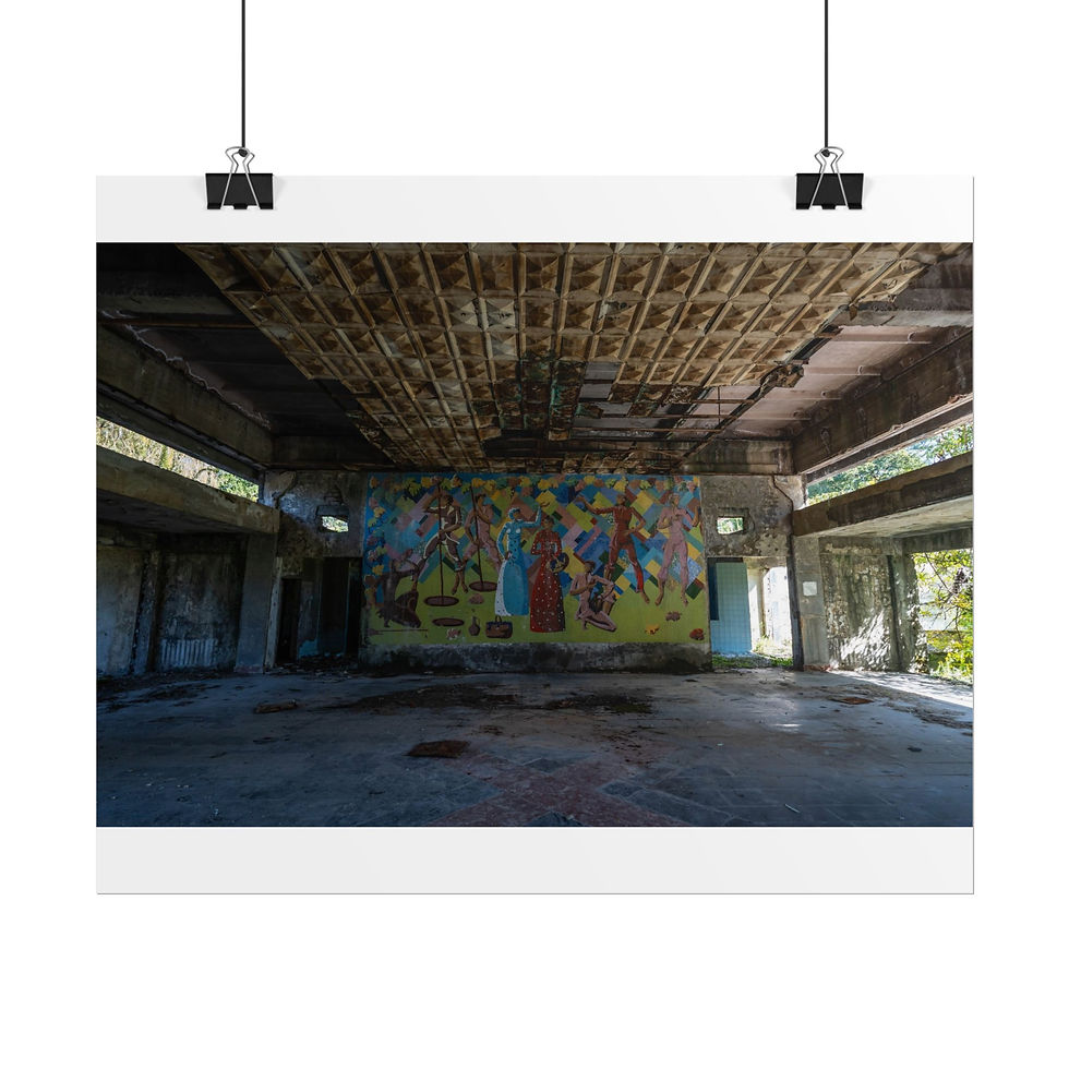 Thumbnail: Decaying abandoned theater hall with vibrant graffiti art and damaged ceiling.